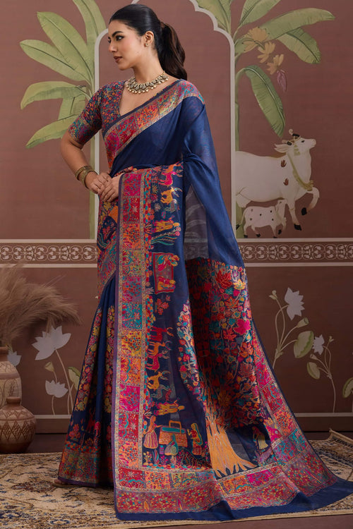Load image into Gallery viewer, Desuetude Navy Blue Pashmina saree With Majestic Blouse Piece
