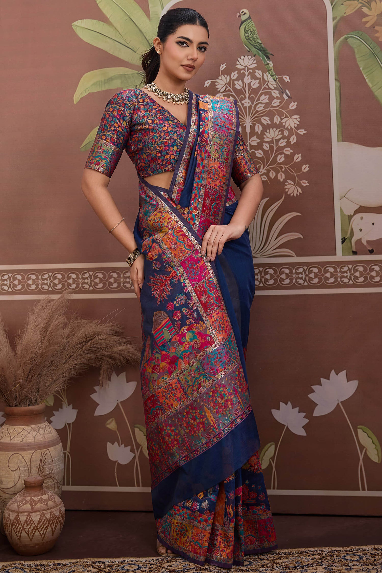 Desuetude Navy Blue Pashmina saree With Majestic Blouse Piece