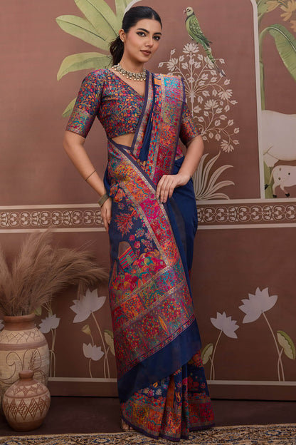 Desuetude Navy Blue Pashmina saree With Majestic Blouse Piece