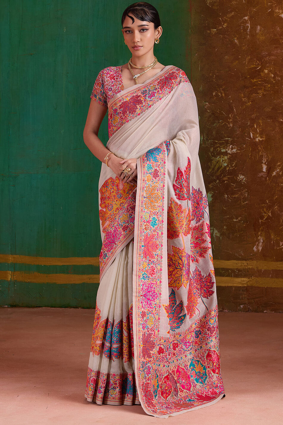 Extraordinary Beige Pashmina Saree With Pleasant Blouse Piece