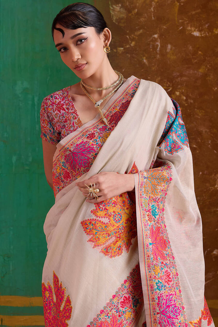 Extraordinary Beige Pashmina Saree With Pleasant Blouse Piece