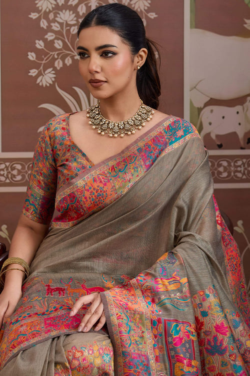 Load image into Gallery viewer, Gossamer Grey Pashmina saree With Quintessential Blouse Piece
