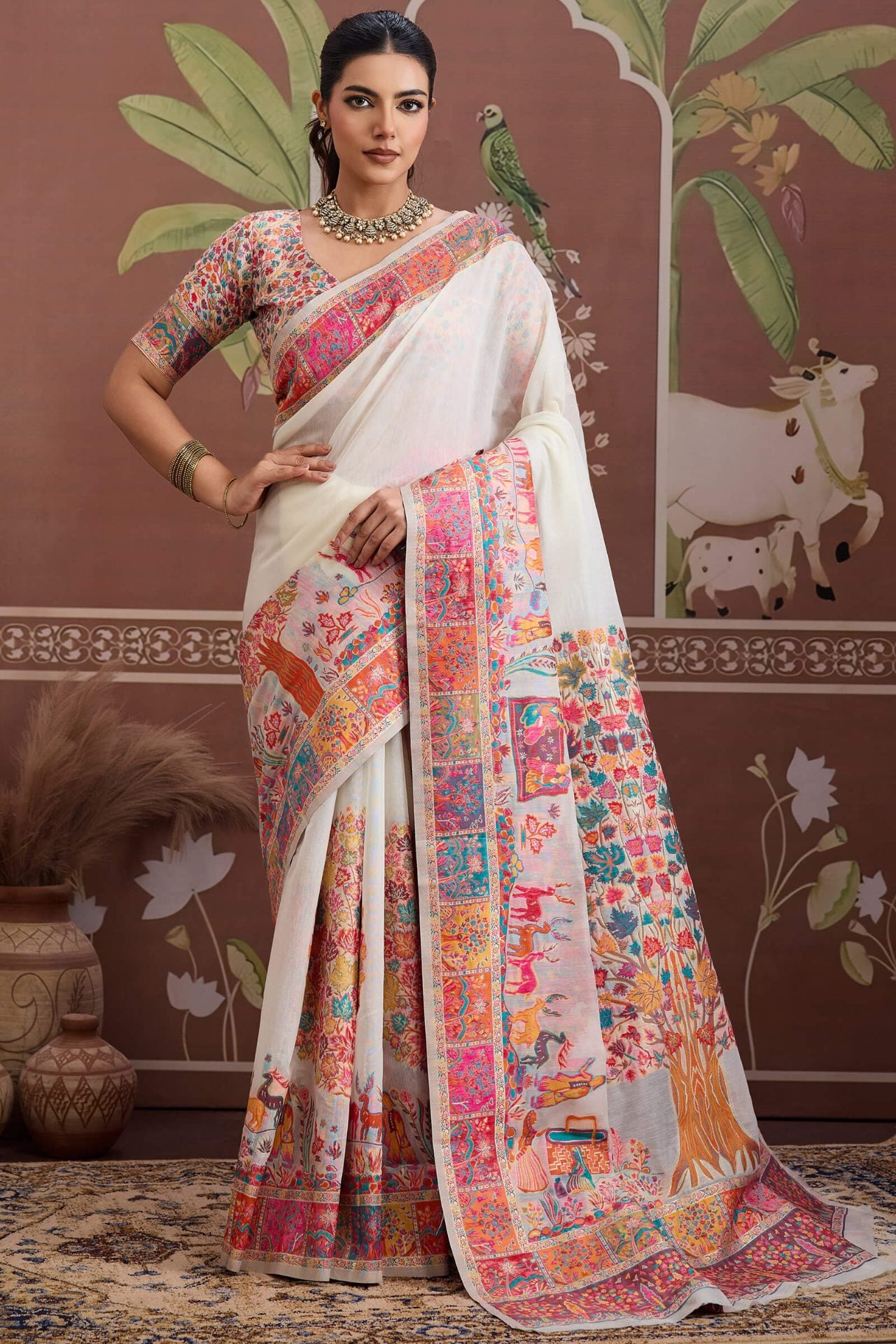 Admirable Off White Pashmina saree With Appealing Blouse Piece