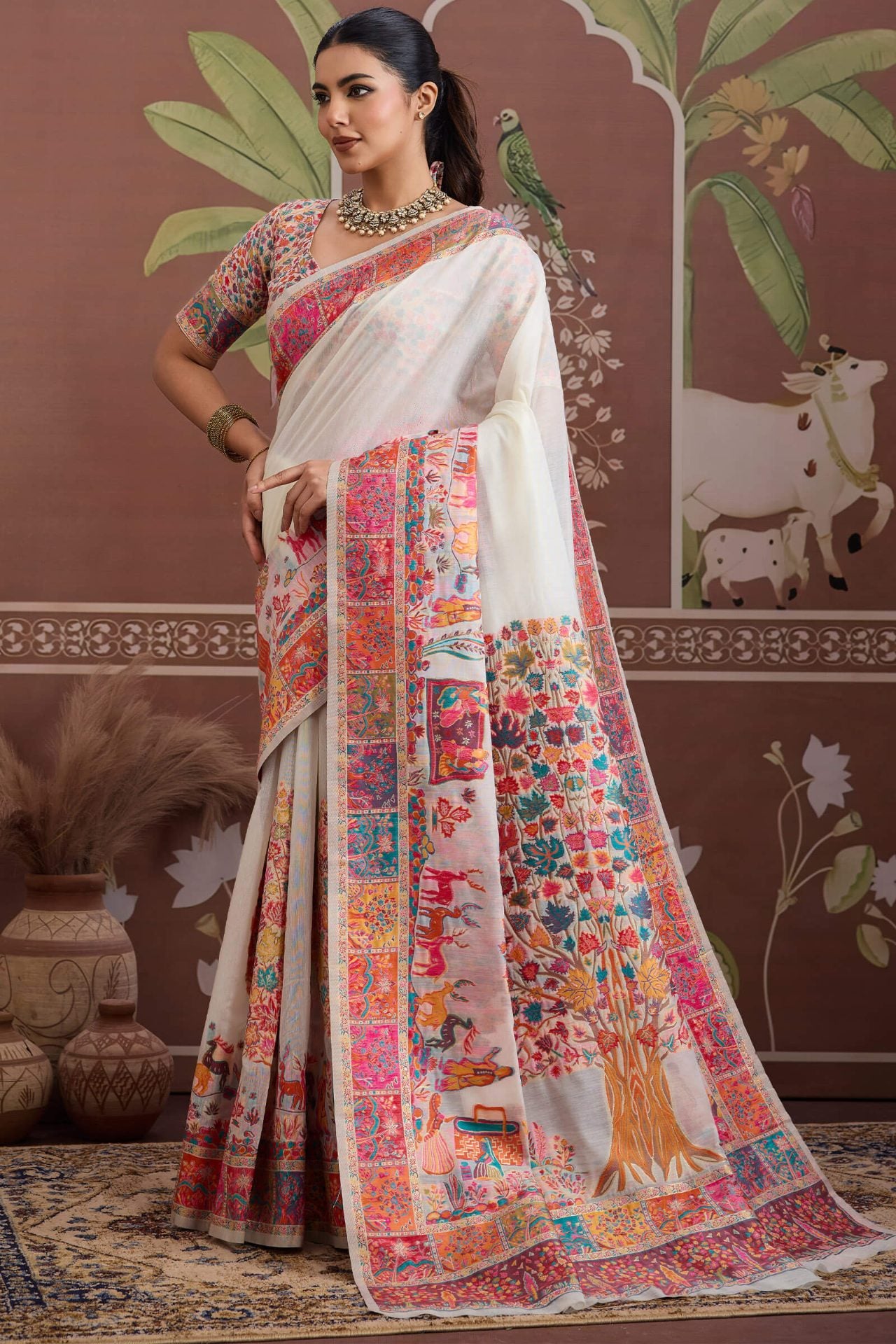 Admirable Off White Pashmina saree With Appealing Blouse Piece