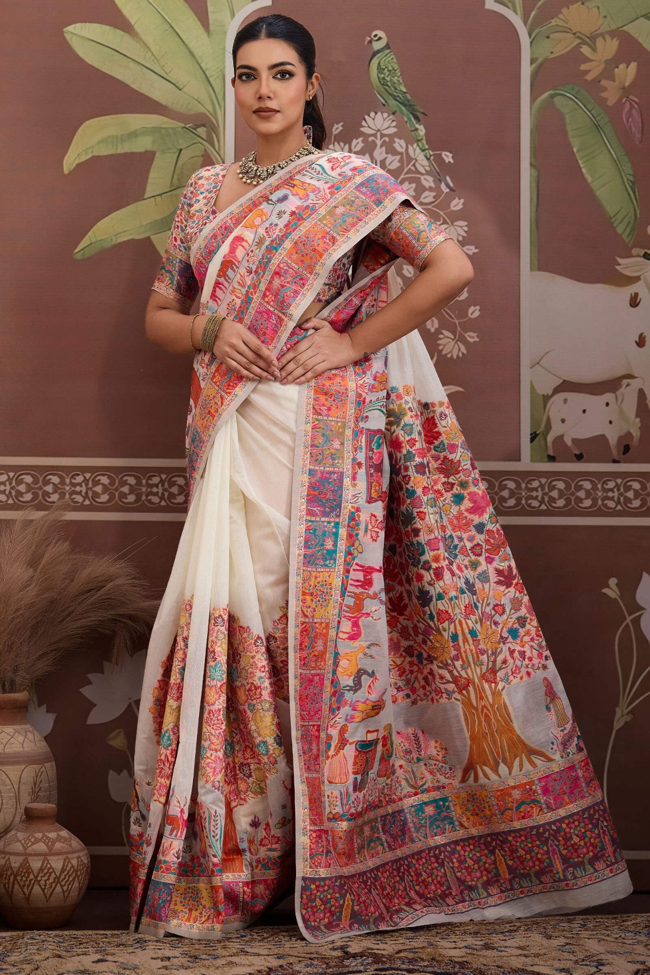 Admirable Off White Pashmina saree With Appealing Blouse Piece