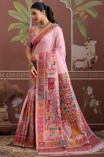 Transcendent Pink Pashmina saree With Flamboyant Blouse Piece