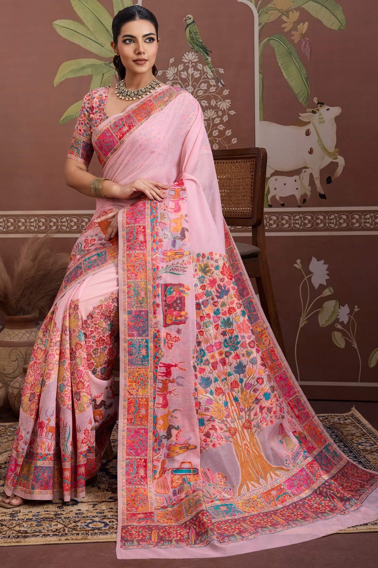Transcendent Pink Pashmina saree With Flamboyant Blouse Piece