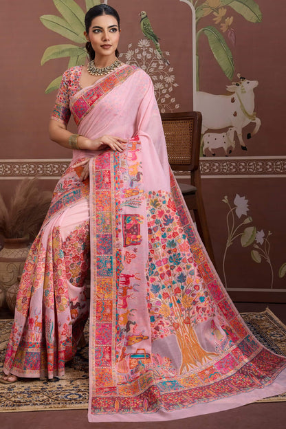 Transcendent Pink Pashmina saree With Flamboyant Blouse Piece