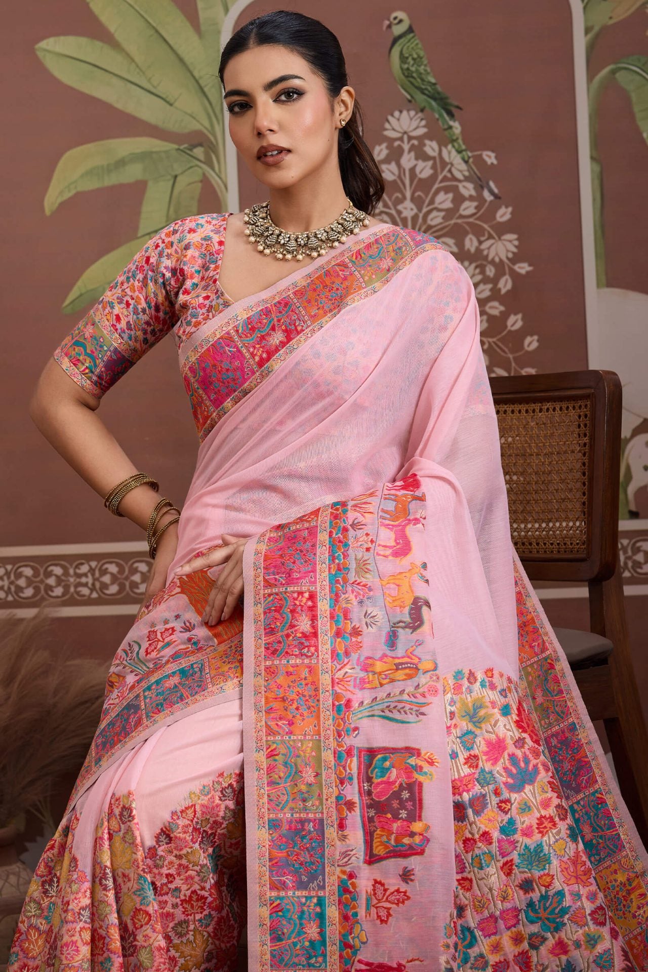 Transcendent Pink Pashmina saree With Flamboyant Blouse Piece