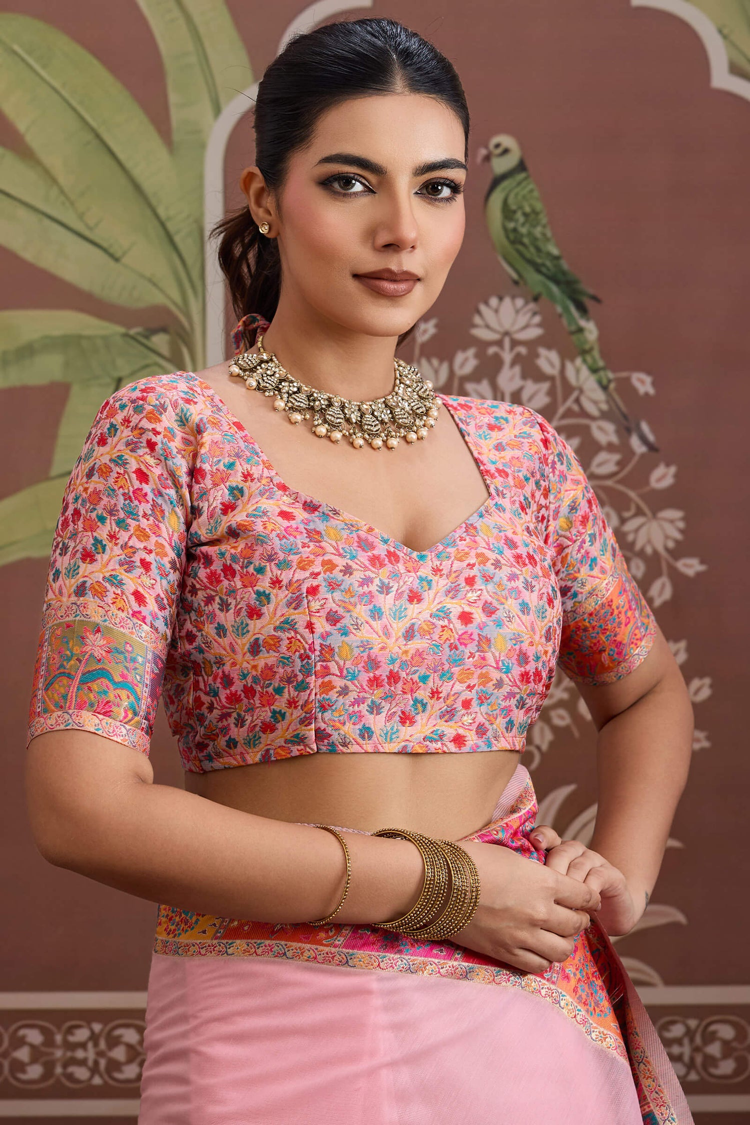 Transcendent Pink Pashmina saree With Flamboyant Blouse Piece