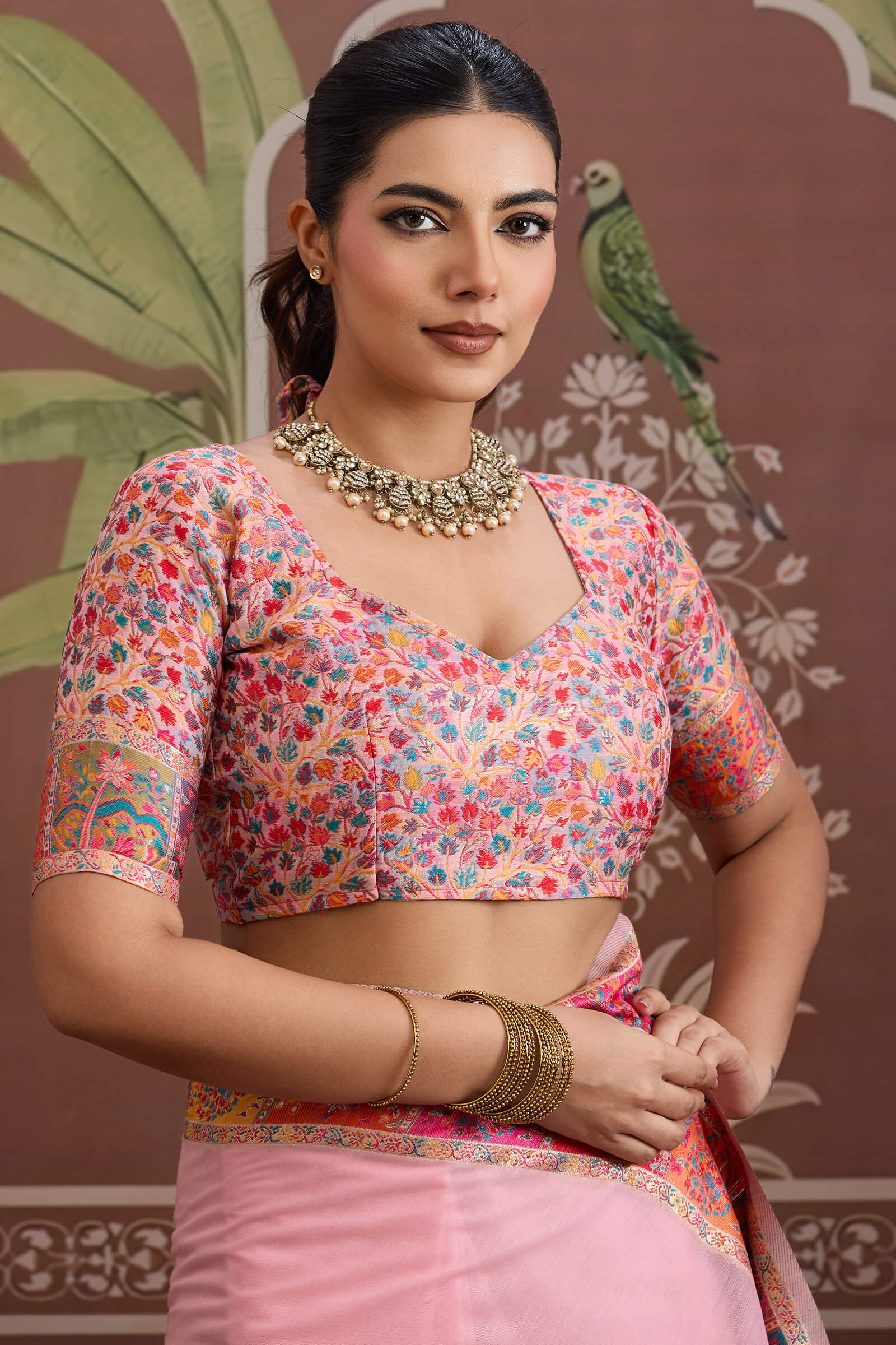 Transcendent Pink Pashmina saree With Flamboyant Blouse Piece