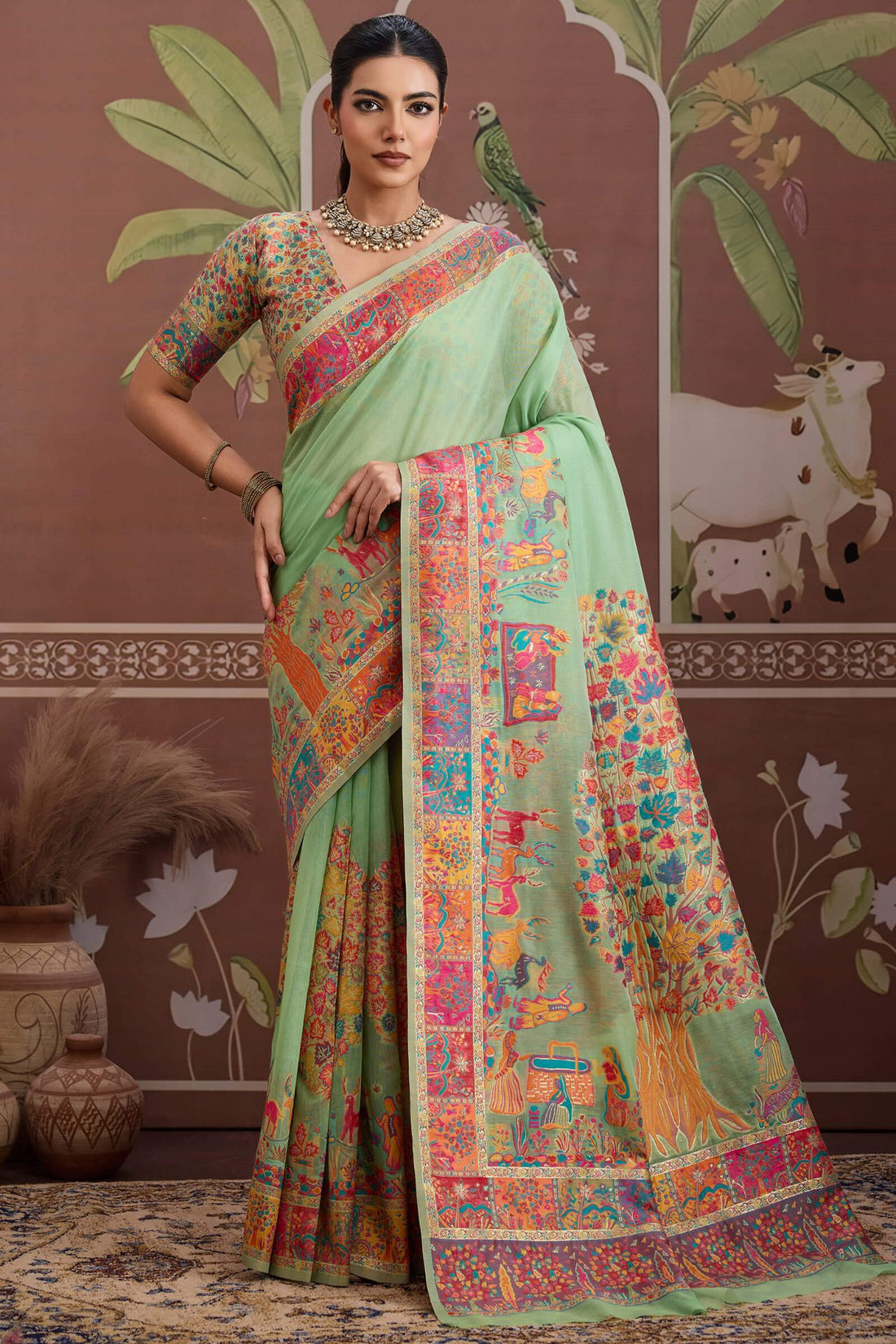 Alluring Pista Pashmina saree With Nebula Blouse Piece