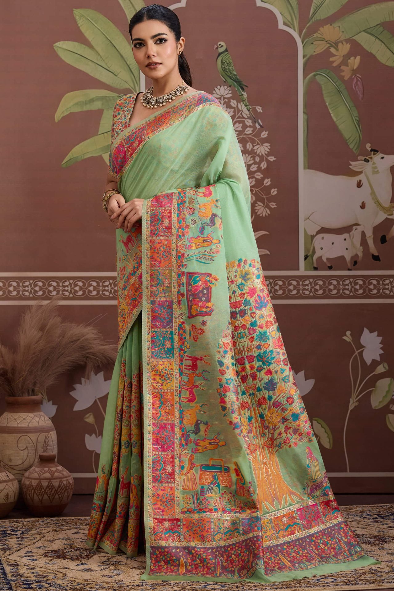 Alluring Pista Pashmina saree With Nebula Blouse Piece
