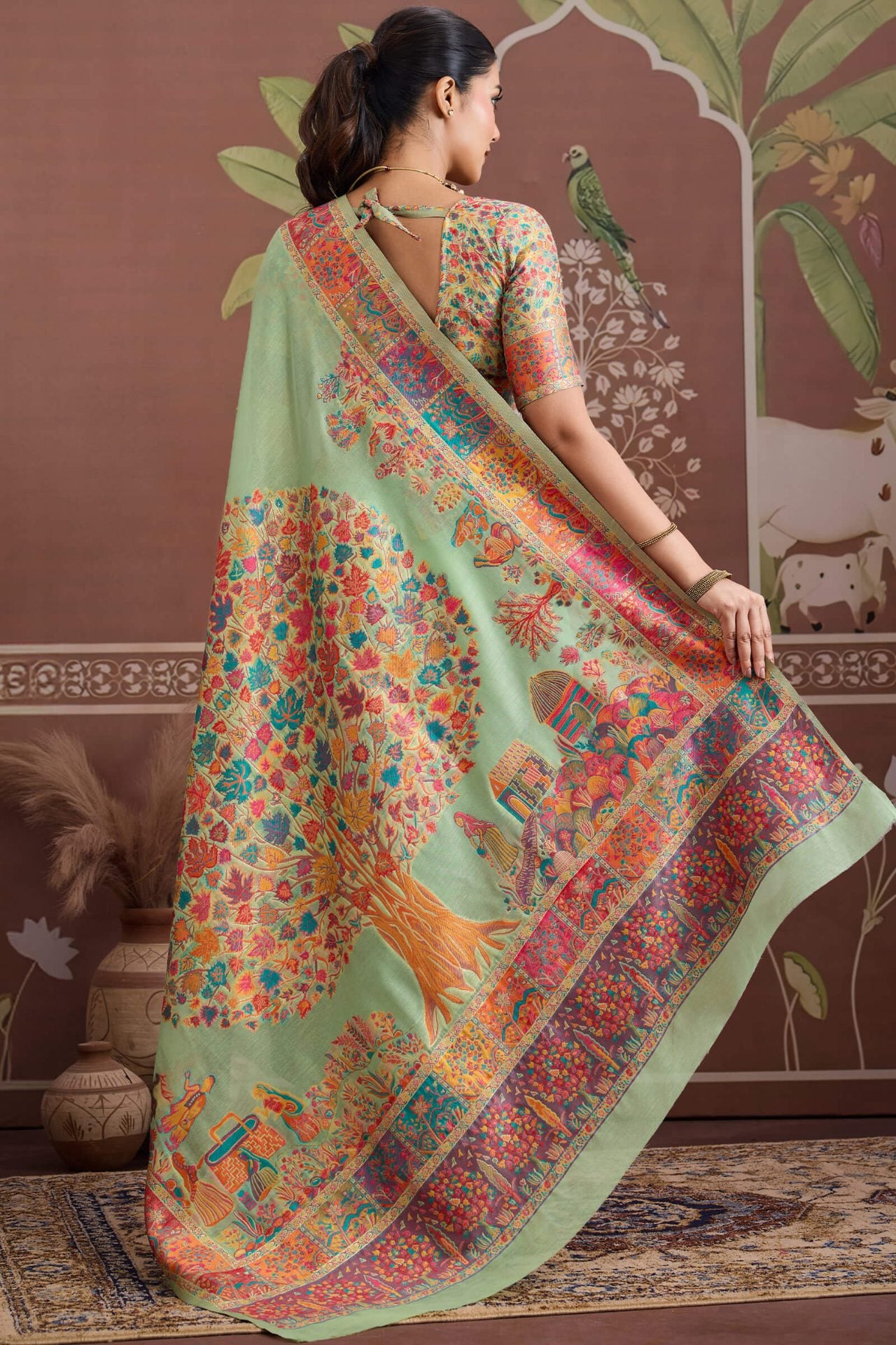 Alluring Pista Pashmina saree With Nebula Blouse Piece