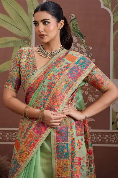 Alluring Pista Pashmina saree With Nebula Blouse Piece