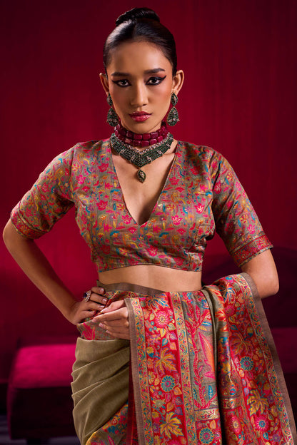 Ineffable Grey Pashmina saree With Evanescent Blouse Piece