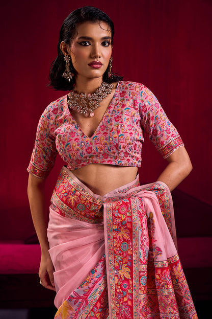 Bewitching Pink Pashmina saree With Alluring Blouse Piece