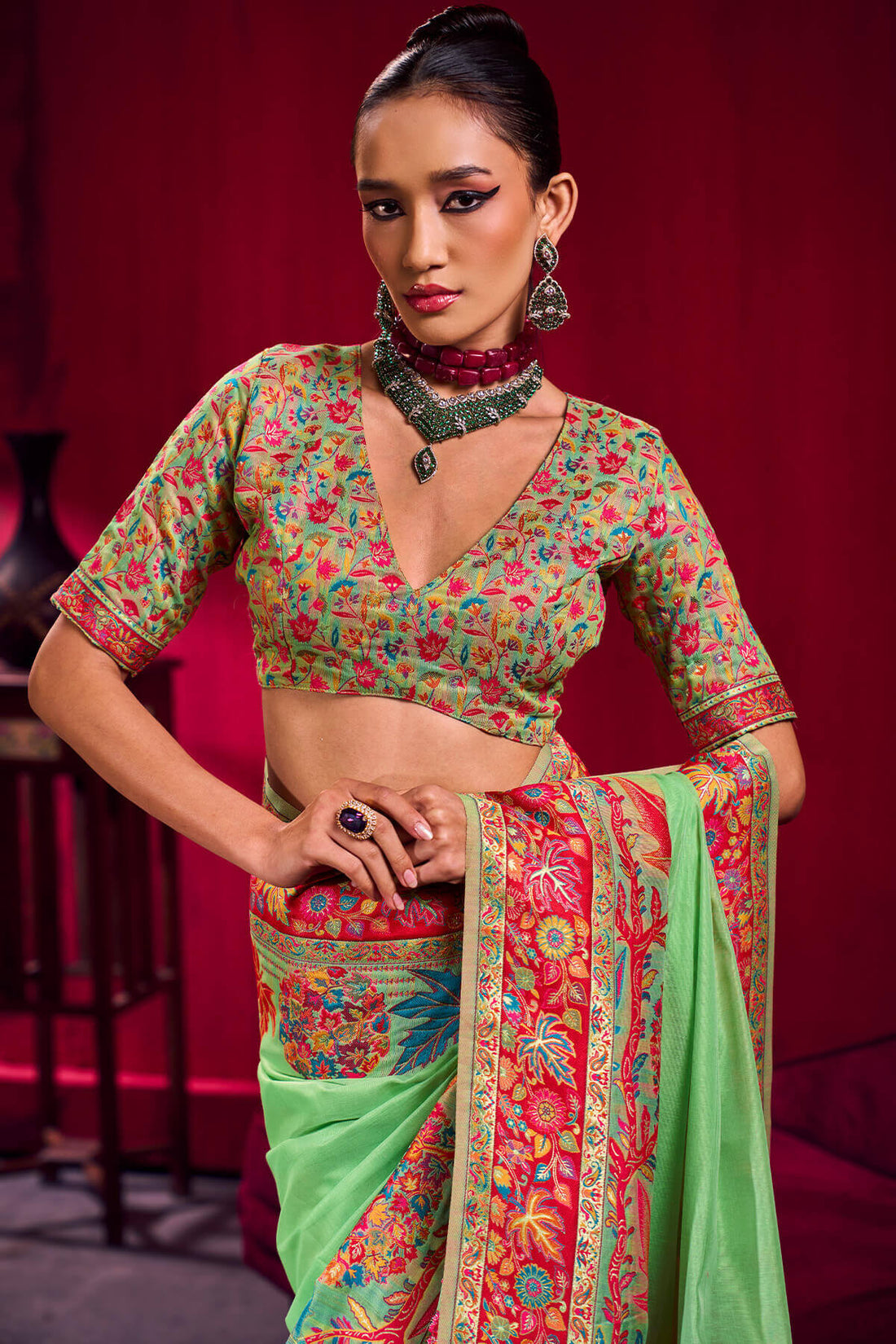 Jazzy Pista Pashmina saree With Inspiring Blouse Piece