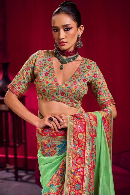Jazzy Pista Pashmina saree With Inspiring Blouse Piece