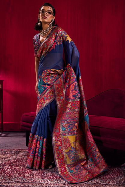 Prettiest Navy Blue Pashmina saree With Glittering Blouse Piece