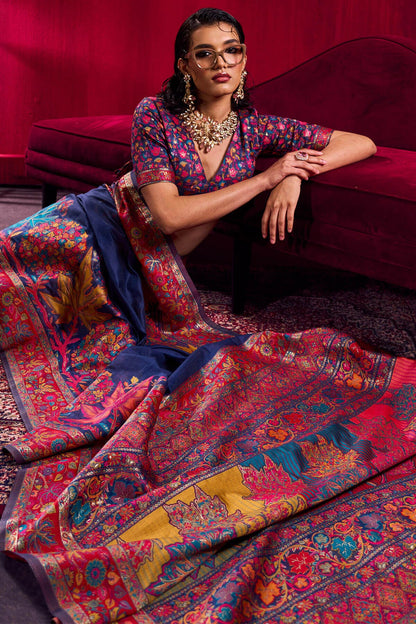 Prettiest Navy Blue Pashmina saree With Glittering Blouse Piece