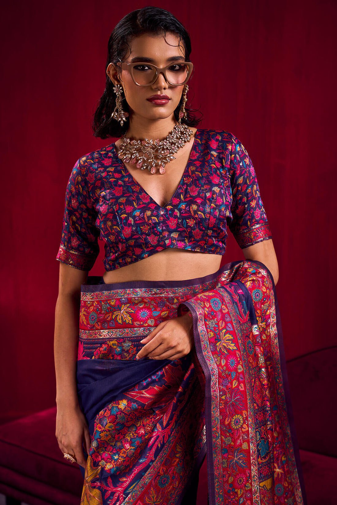 Prettiest Navy Blue Pashmina saree With Glittering Blouse Piece
