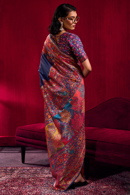 Prettiest Navy Blue Pashmina saree With Glittering Blouse Piece