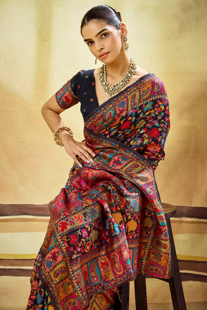 Arresting Black Pashmina Saree With Comely Blouse Piece