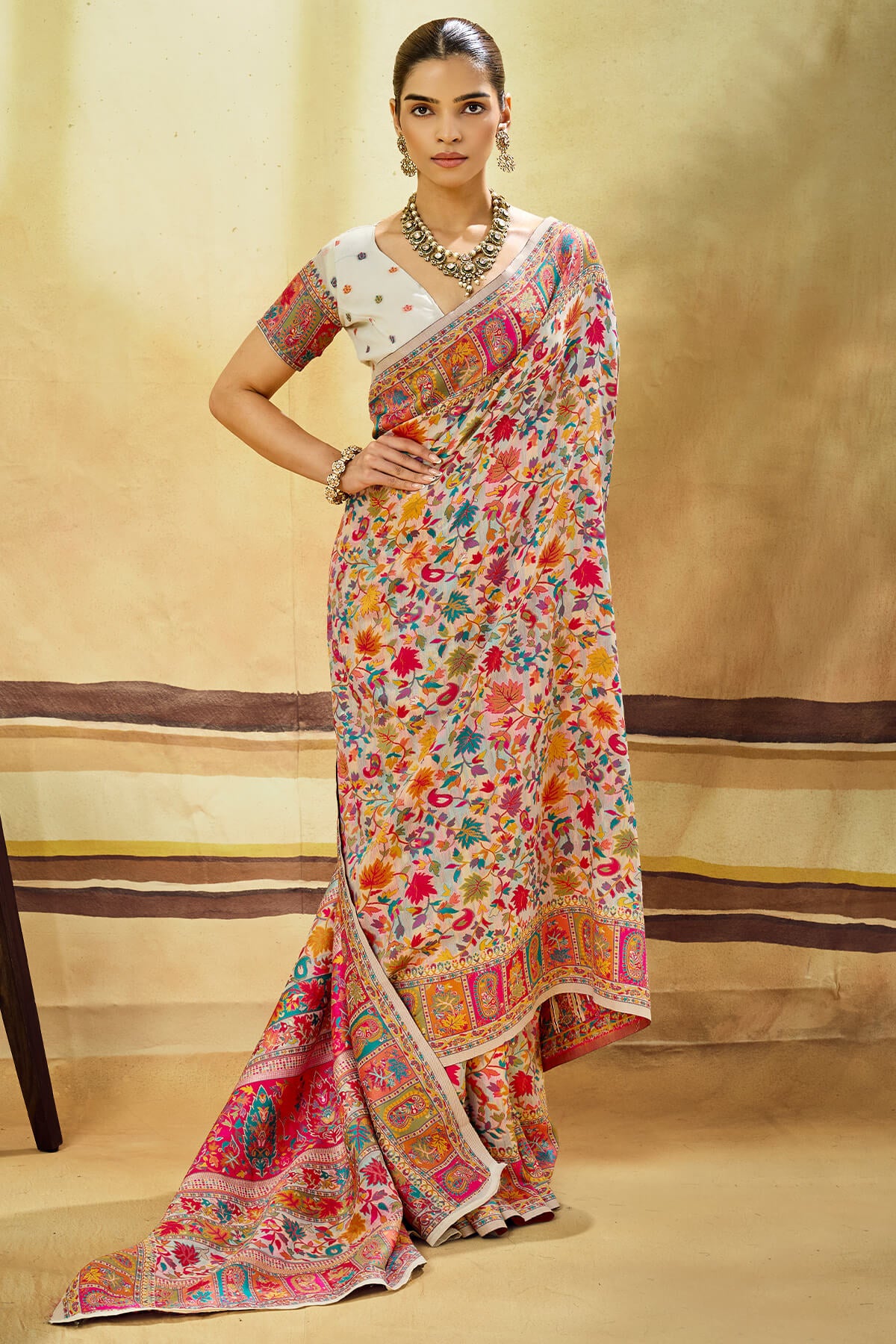 Glamorous Beige Pashmina Saree With Charming Blouse Piece