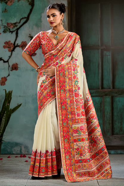 Outstanding Beige Pashmina Saree With Luxuriant Blouse Piece