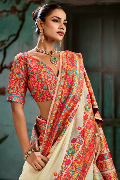 Outstanding Beige Pashmina Saree With Luxuriant Blouse Piece