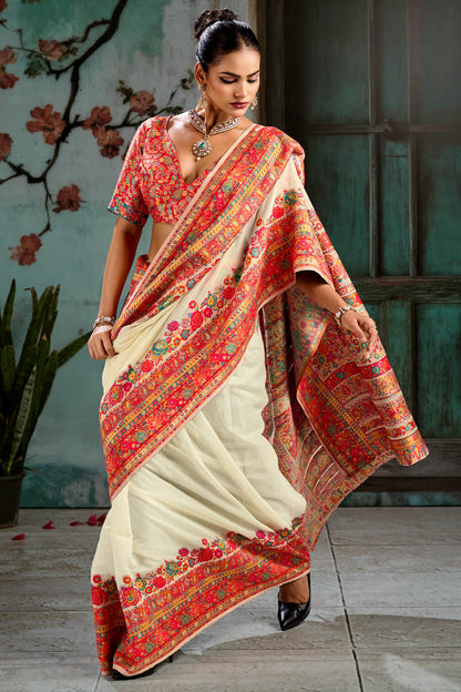 Outstanding Beige Pashmina Saree With Luxuriant Blouse Piece