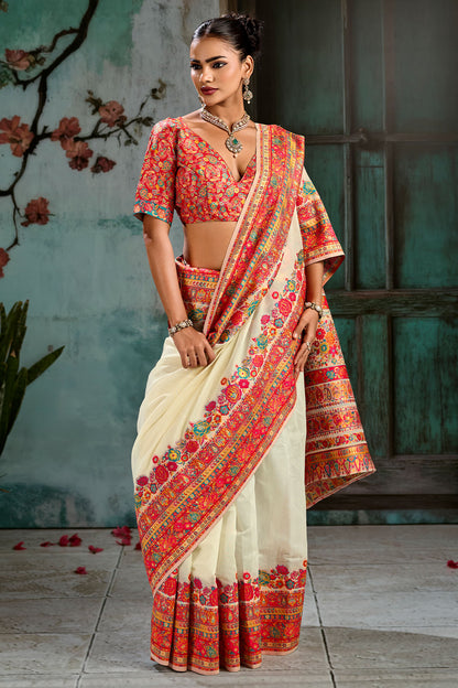 Outstanding Beige Pashmina Saree With Luxuriant Blouse Piece