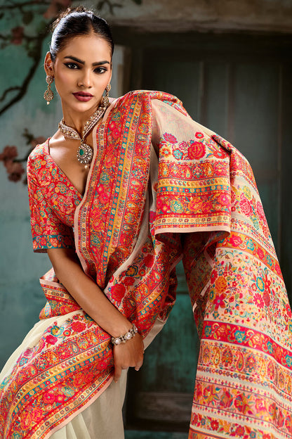 Outstanding Beige Pashmina Saree With Luxuriant Blouse Piece