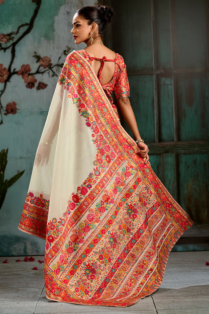 Outstanding Beige Pashmina Saree With Luxuriant Blouse Piece