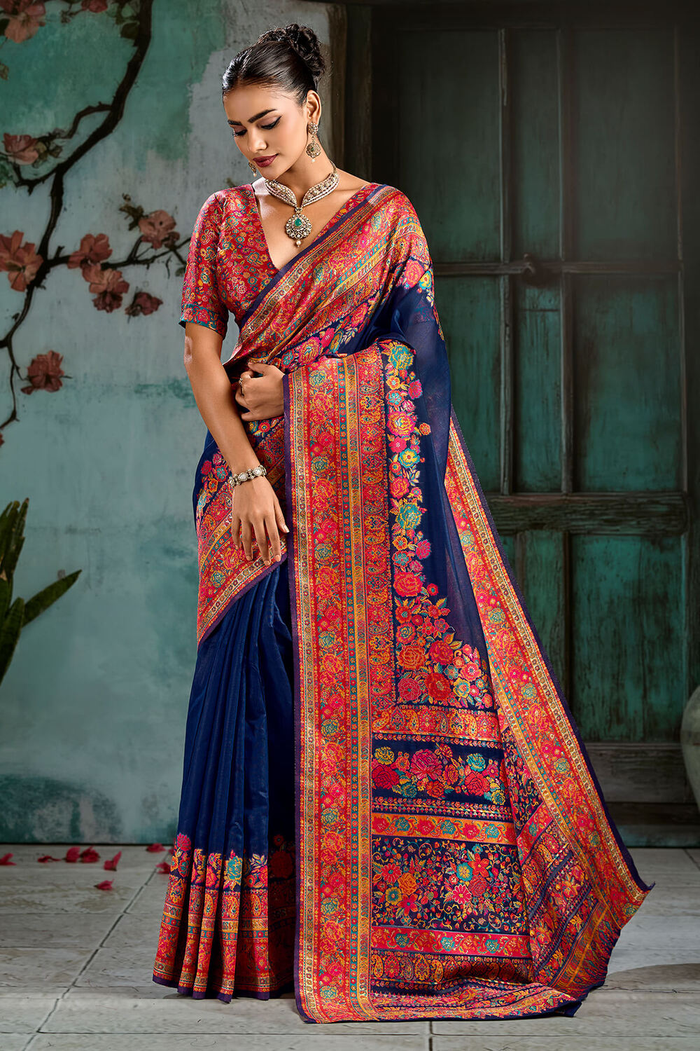 Wonderful Navy Blue Pashmina Saree With Serendipity Blouse Piece