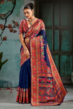 Wonderful Navy Blue Pashmina Saree With Serendipity Blouse Piece