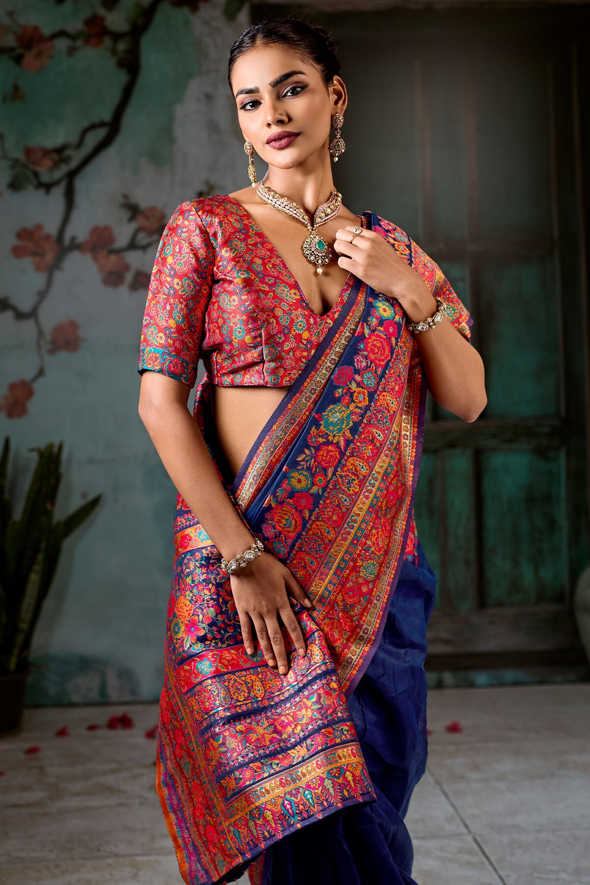Wonderful Navy Blue Pashmina Saree With Serendipity Blouse Piece