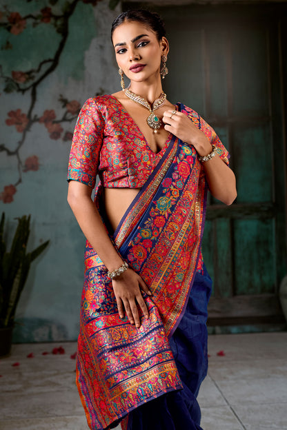Wonderful Navy Blue Pashmina Saree With Serendipity Blouse Piece