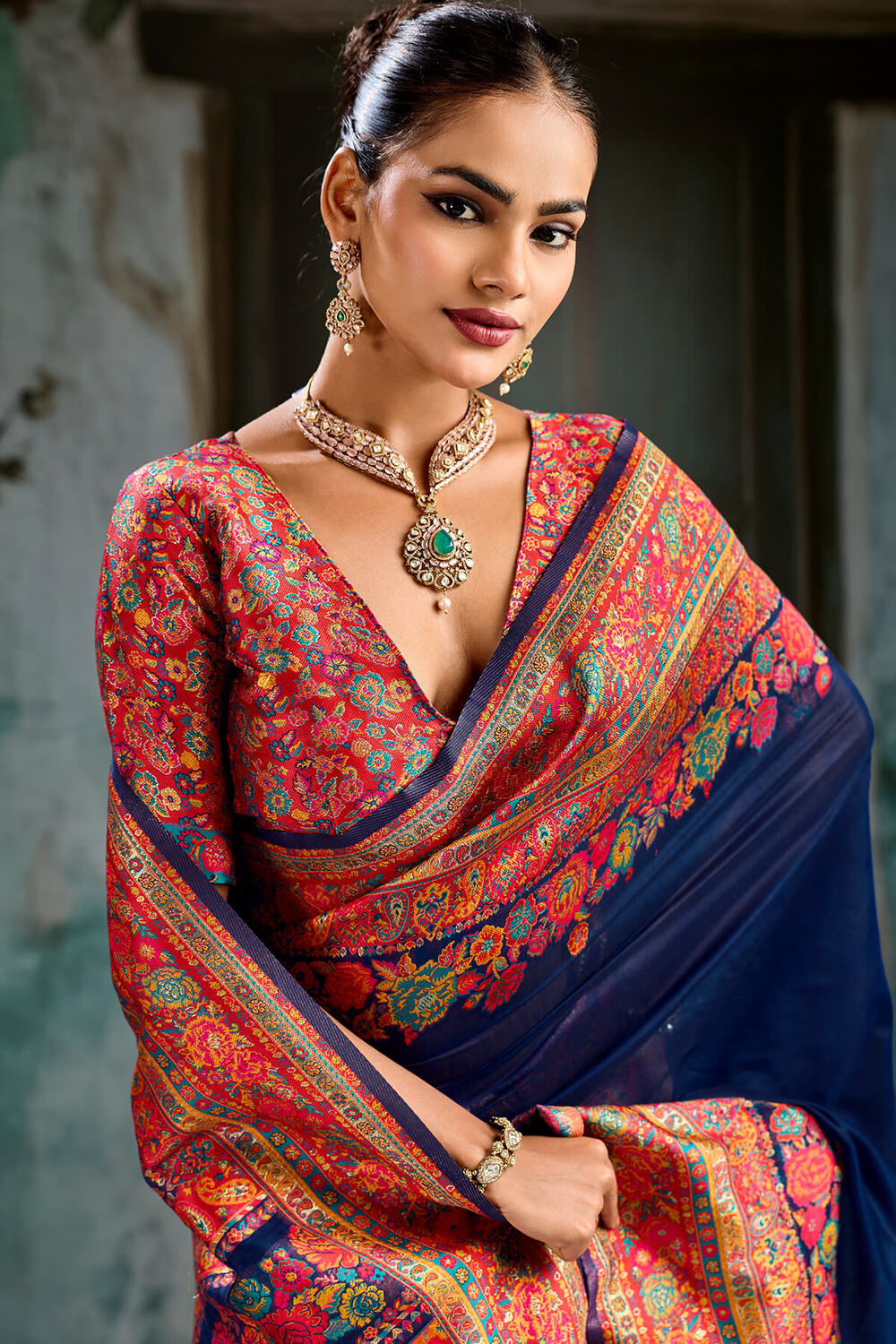 Wonderful Navy Blue Pashmina Saree With Serendipity Blouse Piece