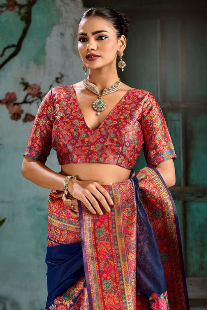 Wonderful Navy Blue Pashmina Saree With Serendipity Blouse Piece