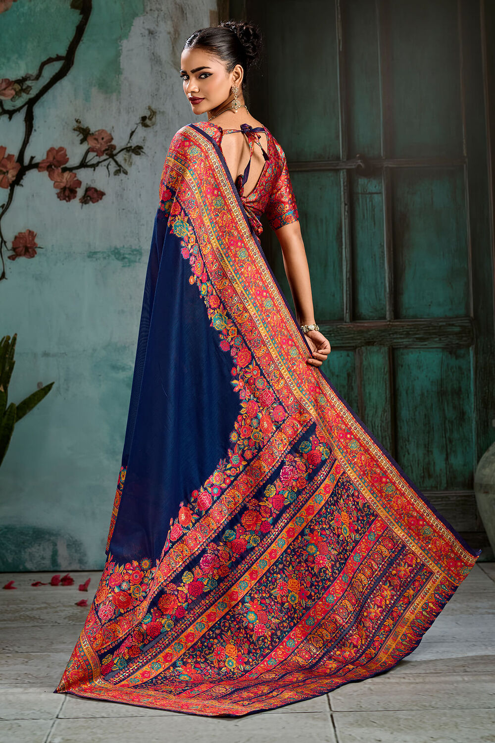 Wonderful Navy Blue Pashmina Saree With Serendipity Blouse Piece