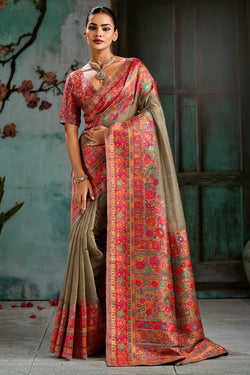 Zephyr Grey Pashmina Saree With Fancifull Blouse Piece