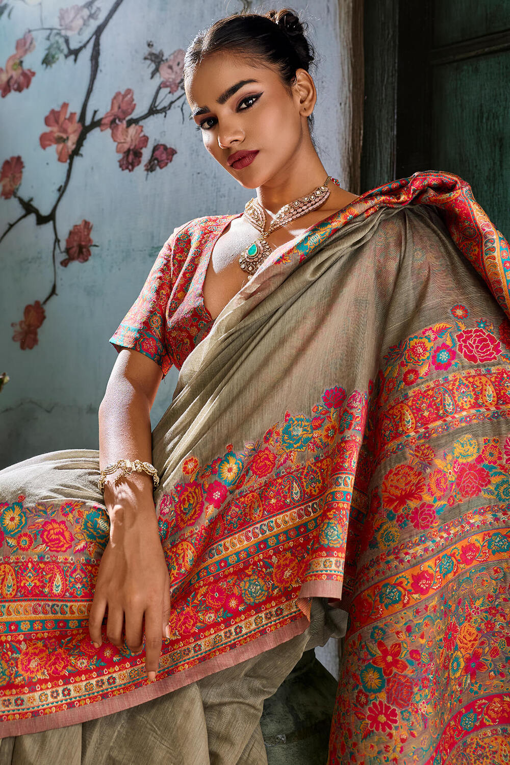Zephyr Grey Pashmina Saree With Fancifull Blouse Piece
