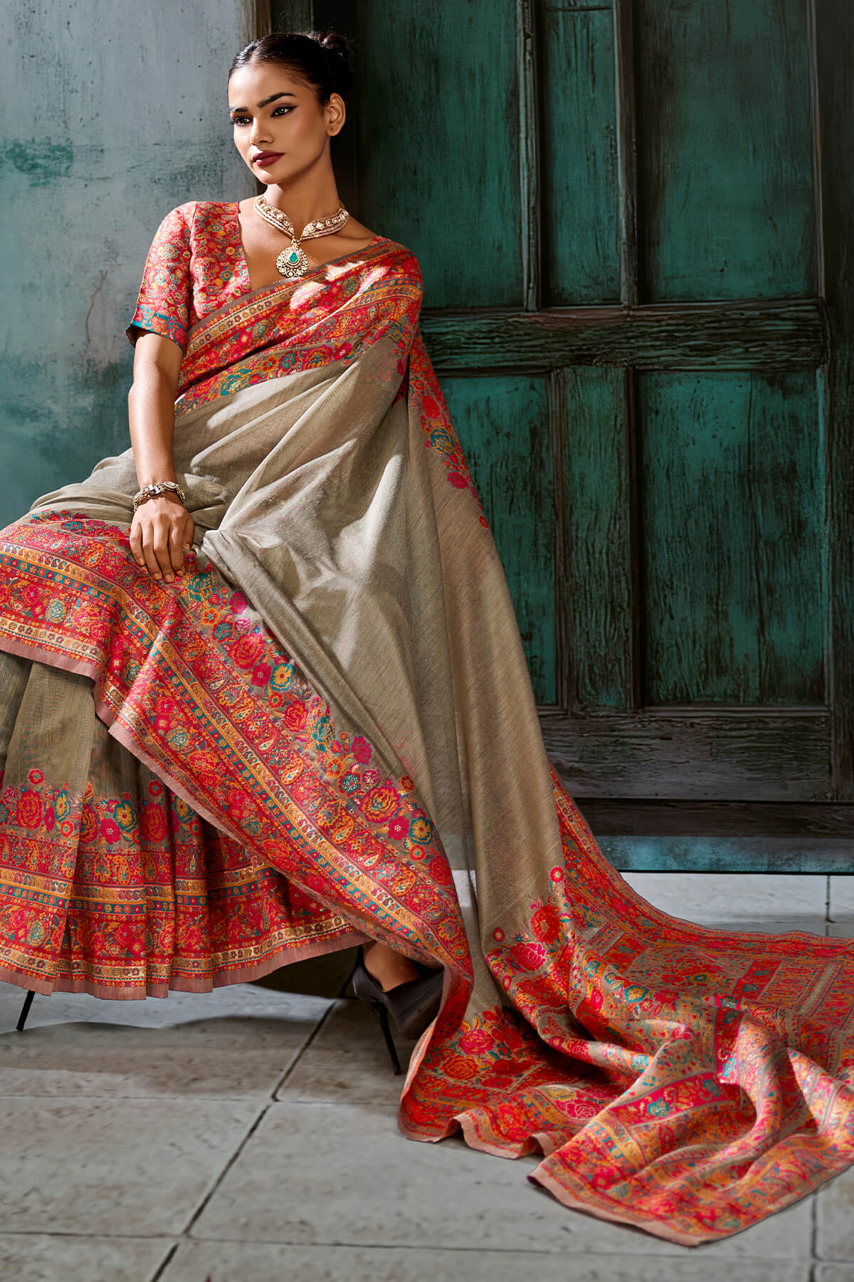 Zephyr Grey Pashmina Saree With Fancifull Blouse Piece