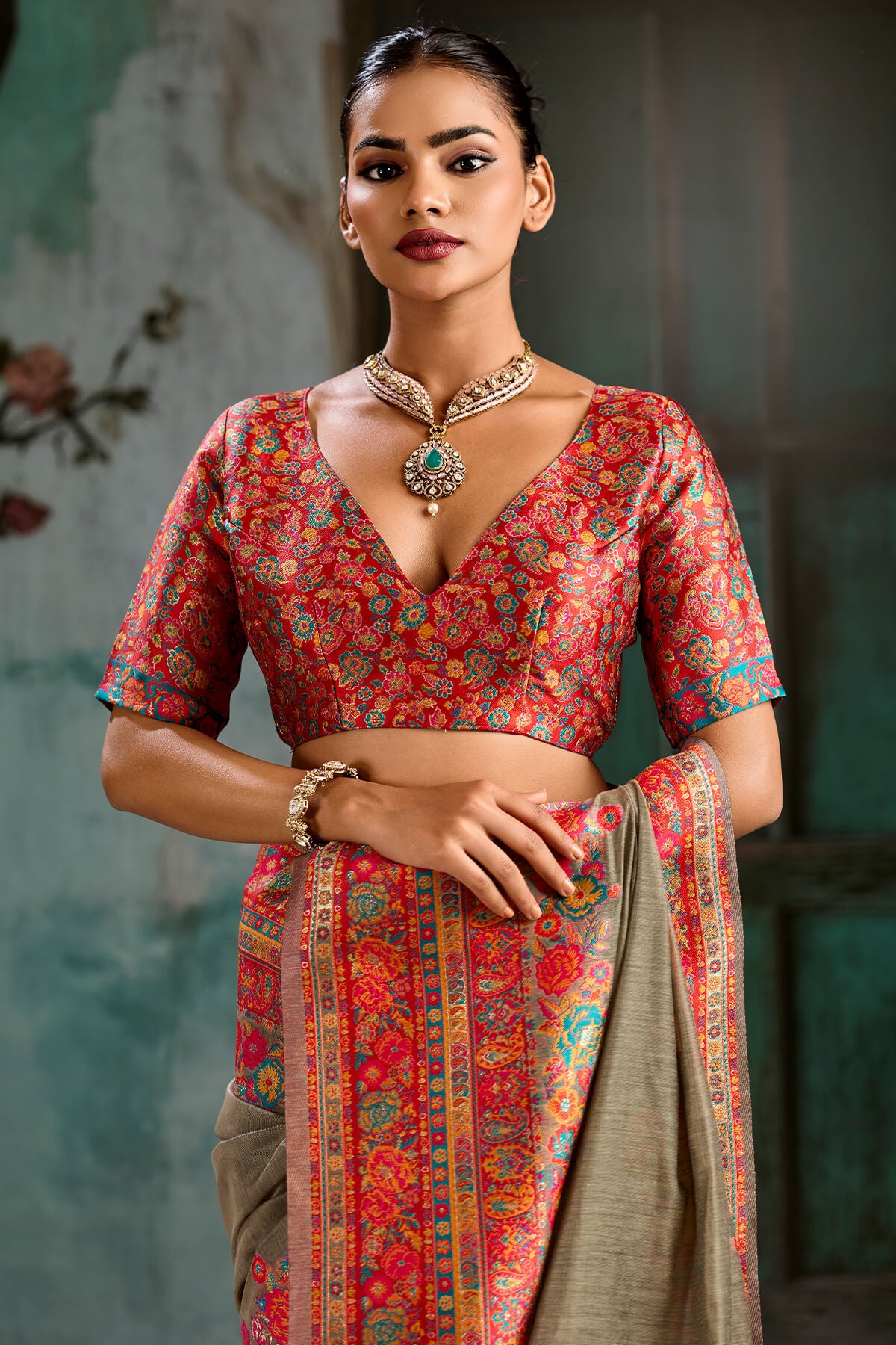 Zephyr Grey Pashmina Saree With Fancifull Blouse Piece