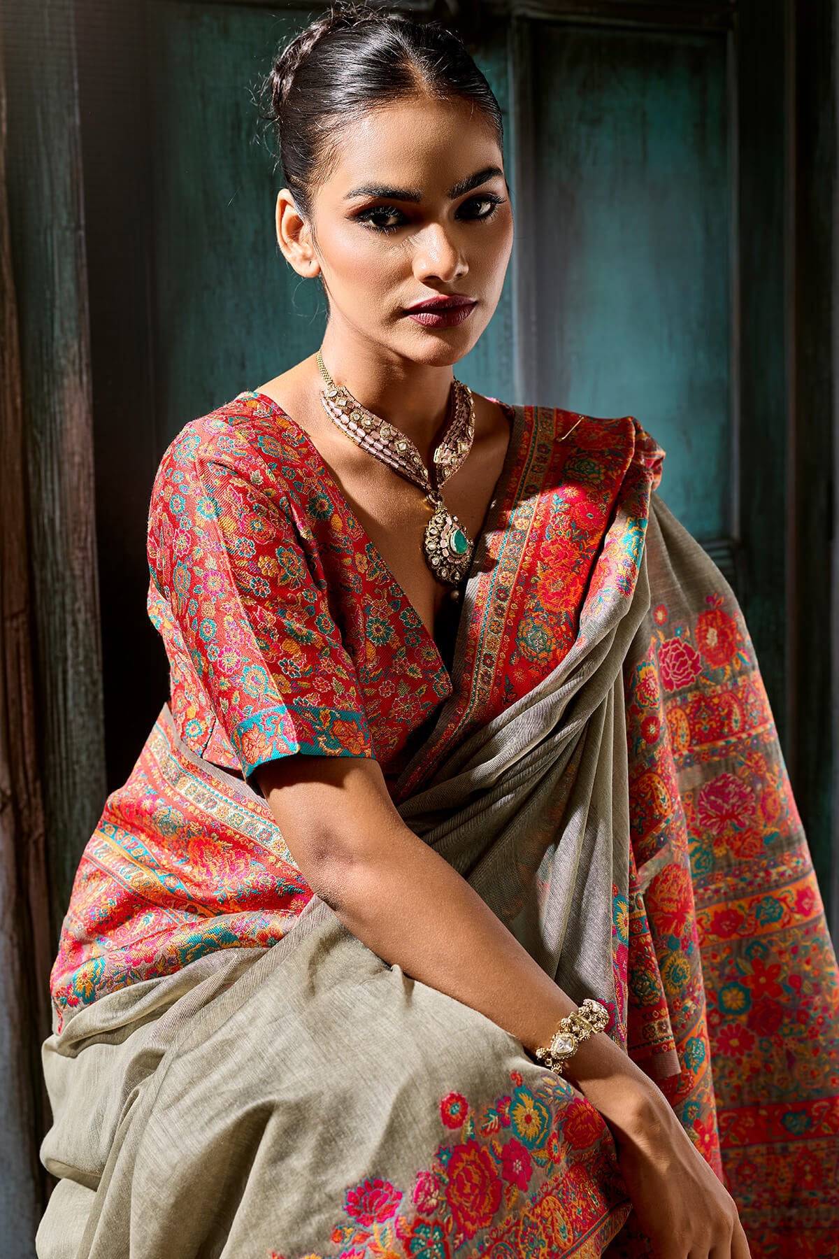 Zephyr Grey Pashmina Saree With Fancifull Blouse Piece