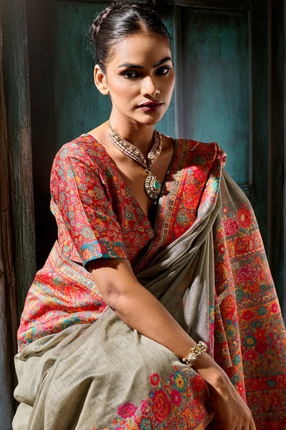Zephyr Grey Pashmina Saree With Fancifull Blouse Piece