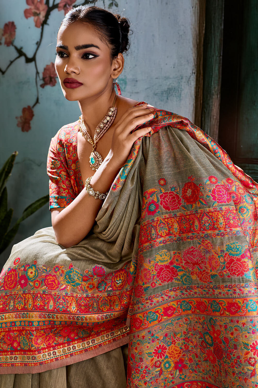 Zephyr Grey Pashmina Saree With Fancifull Blouse Piece