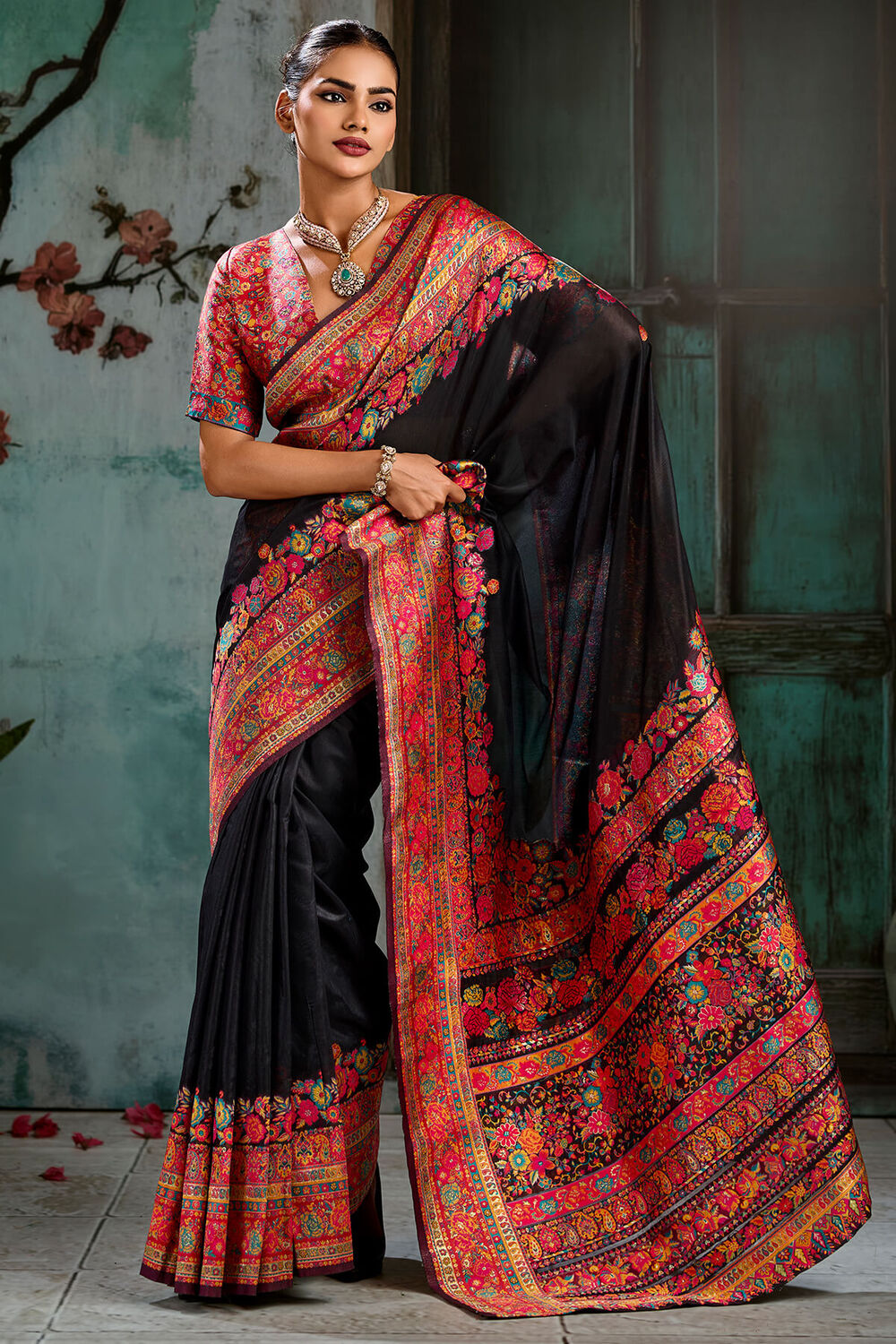 Beleaguer Black Pashmina Saree With Exquisite Blouse Piece